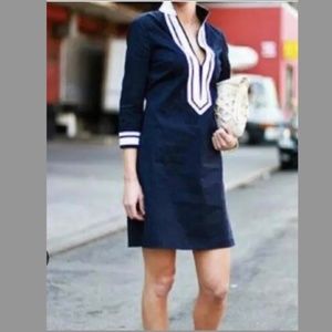 Tory Burch Cotton Tunic Dress in Navy with White Twill Trim, Size 4